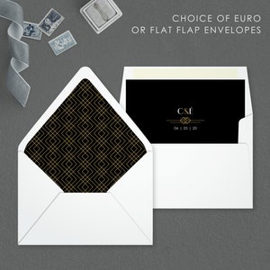 May include: A white envelope with a black and gold geometric pattern on the inside flap. The envelope is closed and the flap is folded over. The text "CHOICE OF EURO OR FLAT FLAP ENVELOPES" is at the top of the image. The text "C&&Eacute; 06 | 25 | 20" is on the black card inside the envelope.