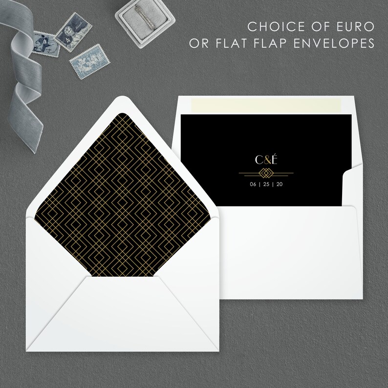 May include: A white envelope with a black and gold geometric pattern on the inside flap. The envelope is closed and the flap is folded over. The text "CHOICE OF EURO OR FLAT FLAP ENVELOPES" is at the top of the image. The text "C&&Eacute; 06 | 25 | 20" is on the black card inside the envelope.