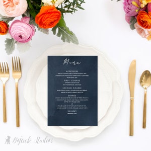 Menu weselne w akwareli - spersonalizowane menu weselne, menu weselne do druku, menu kolacji w akwareli, menu lunchu w akwareli, HUE NAVY