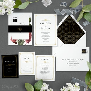 May include: A black and gold wedding invitation suite with a floral design. The invitation includes details about the wedding ceremony and reception, as well as RSVP information. The suite also includes a separate card with information about the events surrounding the wedding, such as the rehearsal dinner and the brunch.