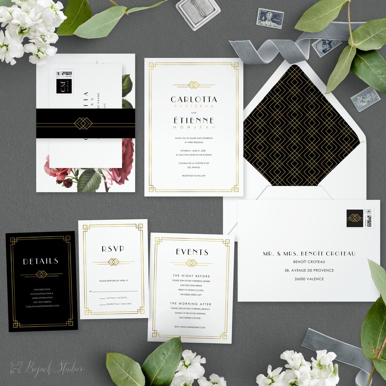 May include: A black and gold wedding invitation suite with a floral design. The invitation includes details about the wedding ceremony and reception, as well as RSVP information. The suite also includes a separate card with information about the events surrounding the wedding, such as the rehearsal dinner and the brunch.