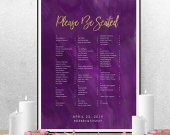 Watercolor Seating Chart Poster, Printable Seating Chart, Custom Seating Chart, Printed Seating Chart, Watercolor Wedding PURPLE BRUSH