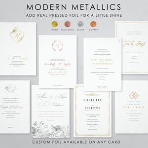 May include: A collage of wedding invitation designs featuring different foil colors, including gold, rose gold, silver, and copper. The invitations feature various fonts, floral designs, and monogrammed initials.