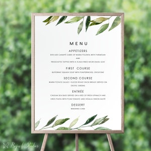 Aquarell Botanisches Buffet Menü Poster, Druckbares Menü Poster, Personalisiertes Hochzeitsmenü, gedruckte Menükarte, Großes Menü Grün, H030