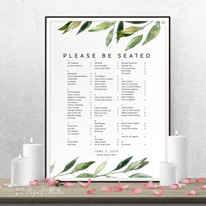 Affiche de tableau de table de mariage botanique, Plan de siège imprimable, Plan de siège personnalisé, Tableau de siège imprimé, Sièges alphabétiques, H030