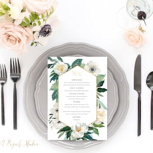 Florales Hochzeitsmenü, Personalisiertes Hochzeitsmenü, Druckbares Hochzeitsmenü, Vintage Florales Menü, Florales Mittagsmenü, Geometrisch Floral, H010