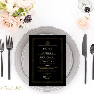 Karty menu weselnego w stylu art déco, drukowane menu weselne, niestandardowe menu weselne, drukowane menu weselne, menu na wieczór panieński, Gatsby 18023