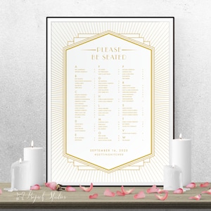 Cartaz de gráfico de assentos de casamento Art Déco, sinal de gráfico de assentos de casamento, pôster de casamento imprimível, pôster impresso, casamento Art Déco, 18010