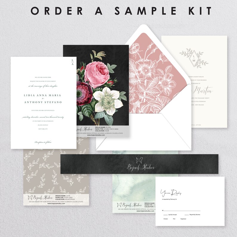 May include: A sample kit for wedding invitations featuring a black and white floral design with a pink envelope liner. The kit includes a sample invitation, RSVP card, and envelope. The text on the invitation reads "Lidia Anna Maria & Anthony Stefano".