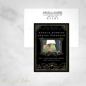 アールデコの Save the Date、Save the Date カード、Save our Date、STD ポストカード、結婚式のお知らせ、ブラック タイ ウェディング、招待状 18022