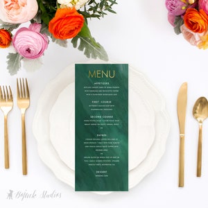 Menu weselne w akwareli - spersonalizowane menu weselne, menu weselne do druku, menu na kolację w akwareli, menu lunchowe EMERALD BRUSH
