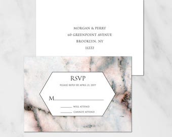 Modern Rose Marble Geometric Reply Card, Digital or Printed RSVP Card, Printed Reply Card Digital Reply Card, Modern Wedding, 18005