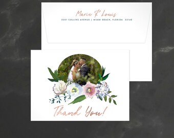 花柄サンキューカード、写真サンキューカード、ヴィンテージ花柄ウェディングサンキューカード、花柄サンキューカード、シャワーサンキューカード、結婚式、18028