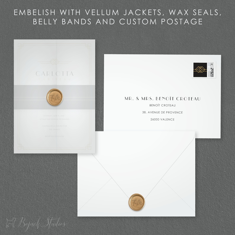 May include: A white envelope with a gold wax seal and the text "MR. & MRS. BENO&Icirc;T CROTEAU" and "BENO&Icirc;T CROTEAU" and "38. AVENUE DE PROVENCE" and "26000 VALENCE".