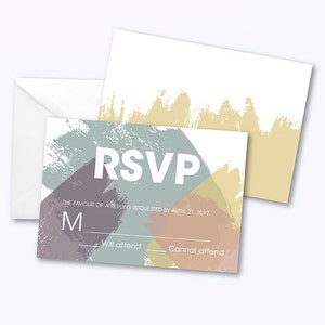 May include: RSVP card with a colorful abstract paint design. The text "RSVP" is in white bold letters. The text "THE FAVOUR OF A REPLY IS REQUESTED BY APRIL 21, 2017." is in black text. There are two lines for the guest to check off: "Will attend" and "Cannot attend".