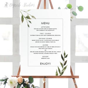 AVA Aquarell Botanisches Buffet Menü Poster, Druckbares Menü Poster, Benutzerdefiniertes Hochzeitsmenü, gedruckte Menükarte, Großes Menü Grün