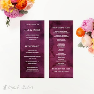 HUE WINE Watercolor Wedding Ceremony Programs  - Custom Printed Wedding Program, Printable Wedding Program, Watercolor Program