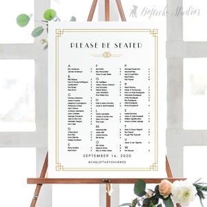 Art Deco Hochzeit Sitzkarte Poster, Hochzeit Sitzkarte Schild, druckbares Hochzeitsposter, gedrucktes Poster, Art Deco Hochzeit, Carlotta