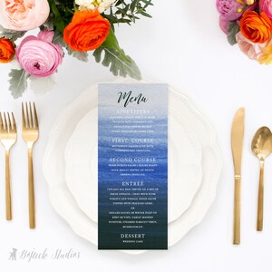 Menu weselne w akwareli - spersonalizowane menu weselne, menu weselne do wydrukowania, menu kolacji w akwareli, menu lunchowe HUE LAKE