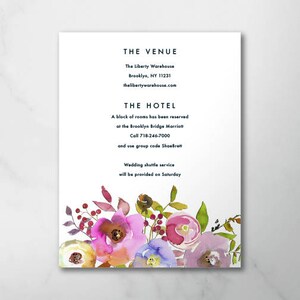 Tarjeta de información impresa o digital, inserto grande con diseño floral de acuarela, inserto impreso, tarjeta de instrucciones, recepción, diseño floral moderno 18009