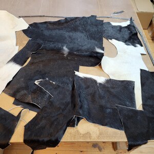 Può includere: Più pezzi irregolari di pelle bovina bianca e nera con una consistenza di pelliccia naturale. I pezzi sono disposti su una superficie piana, mostrando forme e dimensioni varie con macchie distinte di pelo nero e bianco solido.