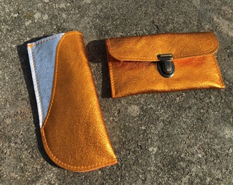 Eyeglass case and bag gold/reddish goat leather