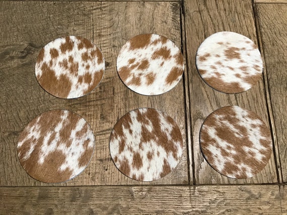 6 Coaster Made Of Cowhide Brown White 10 Cm Round Etsy