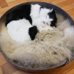 Pode incluir: Um gato preto e branco dormindo em uma cama de gato de feltro cinza com um forro branco felpudo.