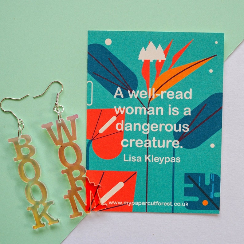 Book worm acrylic earring, literary gift, book lover gift Iridiscent