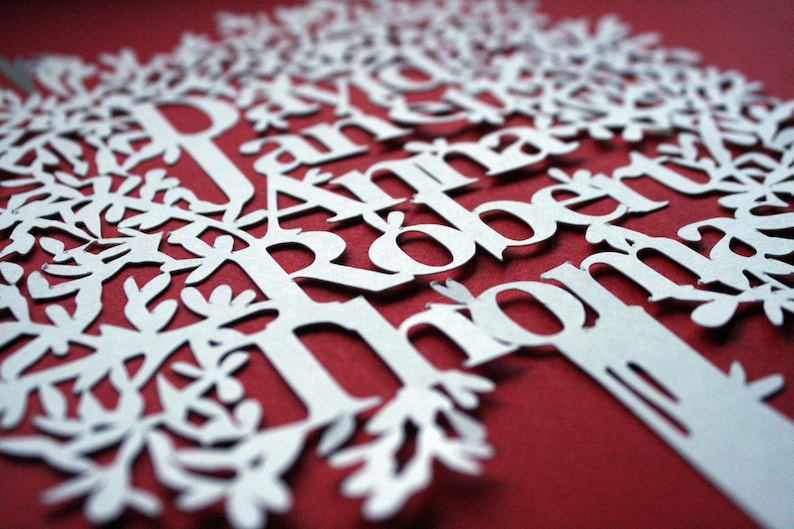 May include: A white paper cut-out of a tree with names, including "Robert" and "Anna", against a red background. The tree design features intricate leaf and branch details, creating a layered effect. The names are in a serif font.