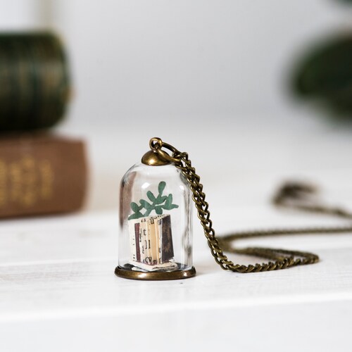 Book pendant in glass dome, handmade mini library necklace