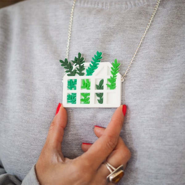 Acrylic greenhouse statement necklace, botanical perspex necklace