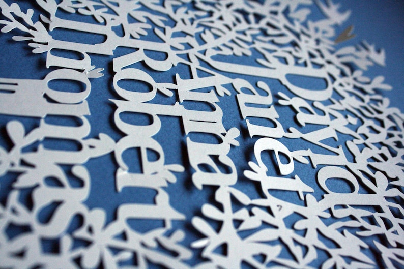 May include: A white paper cut-out design featuring names and floral elements against a blue background. The names are in a stylized font, and the overall design resembles a family tree or decorative artwork.