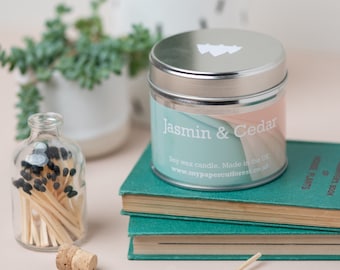 Jasmine and cedar scented candle, floral scented soy vegan candle