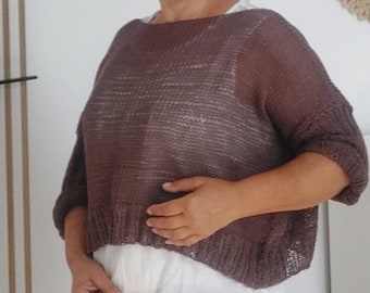 Oversized Plus Size Hand Knitted Cropped Sweater Summer Cotton Jumper Tunic Loose Knit Women's Sweater Cropped Poncho Brown Cotton