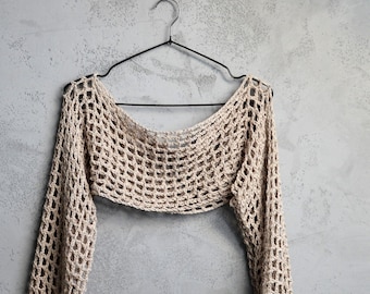 Crochet Mesh Sleeves, Cotton Summer Cropped Shrug, Hand Crocheted Beige Bolero, Boho Mesh Sleeves fot Top Dress, Net Top