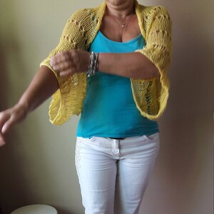 Hand Knitted Shrug Bolero Summer Shrug Lace Knitted Yellow Shrug Hand Knit Cotton Cardigan image 8