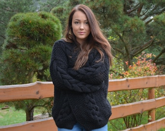 Oversized Hand Knit Cardigan, Bomber, Chunky Sweater, Black Open Style Cardigan, Chunky Jacket, Sweater Women's Cozy