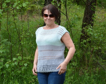 Cotton Summer Blouse Top Oversized Hand Knit Summer Sweater Handmade Cotton Blouse Loose Knit Women/'s Sweater Grey and Pastel Green