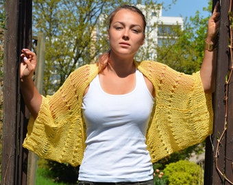 Hand Knitted  Shrug Bolero Summer Shrug Lace Knitted Yellow Shrug Hand Knit Cotton Cardigan