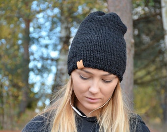 Hand Knit Slouchy Beanie Hat, Acrylic Black Unisex Winter Hat, Knitted Chunky Hat,