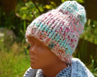 Hand Knit Hat  Wool Hat Pastel Colors Chunky Beanie Hat Knitted Hat Women's Hat winter Hat