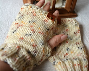 Hand Knitted Fingerless Mittens  Gloves Creem Tweed Fingerless Oatmeal Fingerless  Arm Warmers Winter Gloves