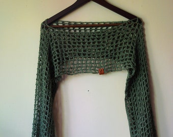 Crochet Mesh Sleeves, Cotton Summer Cropped Shrug, Hand Crocheted Olive Green Bolero, Boho Mesh Sleeves, Top Dress, Net Top, Handmade Gift