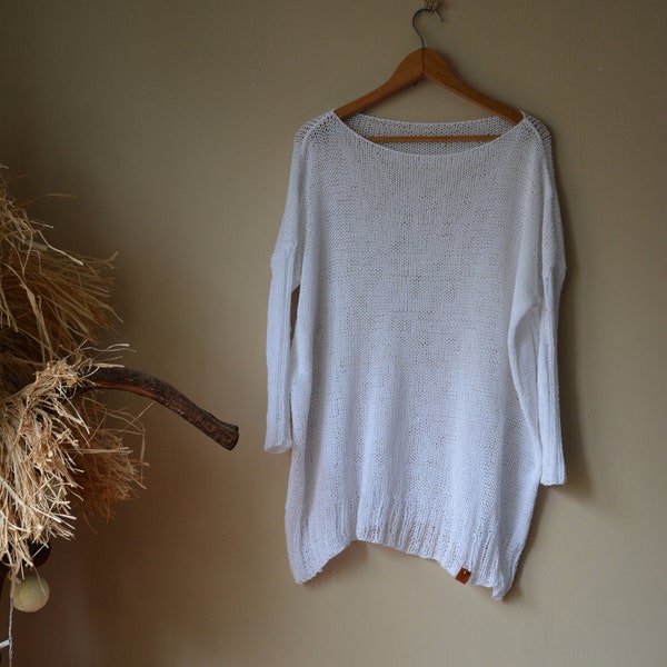 Oversized Plus Size Hand Knit Sweater Summer Cotton Jumper Tunic Loose Knit Women's Sweater Poncho White Cotton