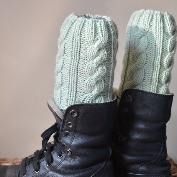 Hand Knitted Boot Cuffs, Leg Warmers 100% Wool Boot Toppers, Cable Knit Pistachio Green