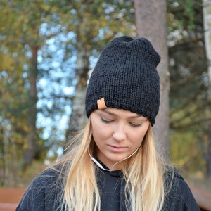 Hand Knit Slouchy Beanie Hat, Acrylic Black Unisex Winter Hat, Knitted Chunky Hat, image 1