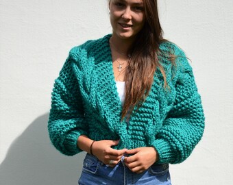 Chunky Knit Cardigan, Cropped Chunky Sweater, Oversized Hand Cable Knitted  Jumper, Open Style, Jacket, Sweater Women's Cozy, Alpaca Sweater