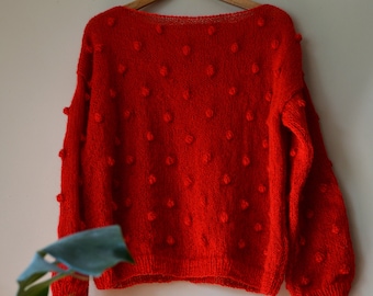 Hand Knit Popcorn Sweater, Loose Knit Women's Sweater, Red Bubble Knit Sweater, Mohair Bubble Pullover