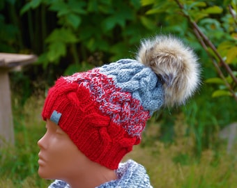 Cable Hand Knit Hat with Faux Fur Pom Pom Hat Chunky Beanie Hat Knitted Hat Women's Hat winter Hat Red and Grey Warm Hat